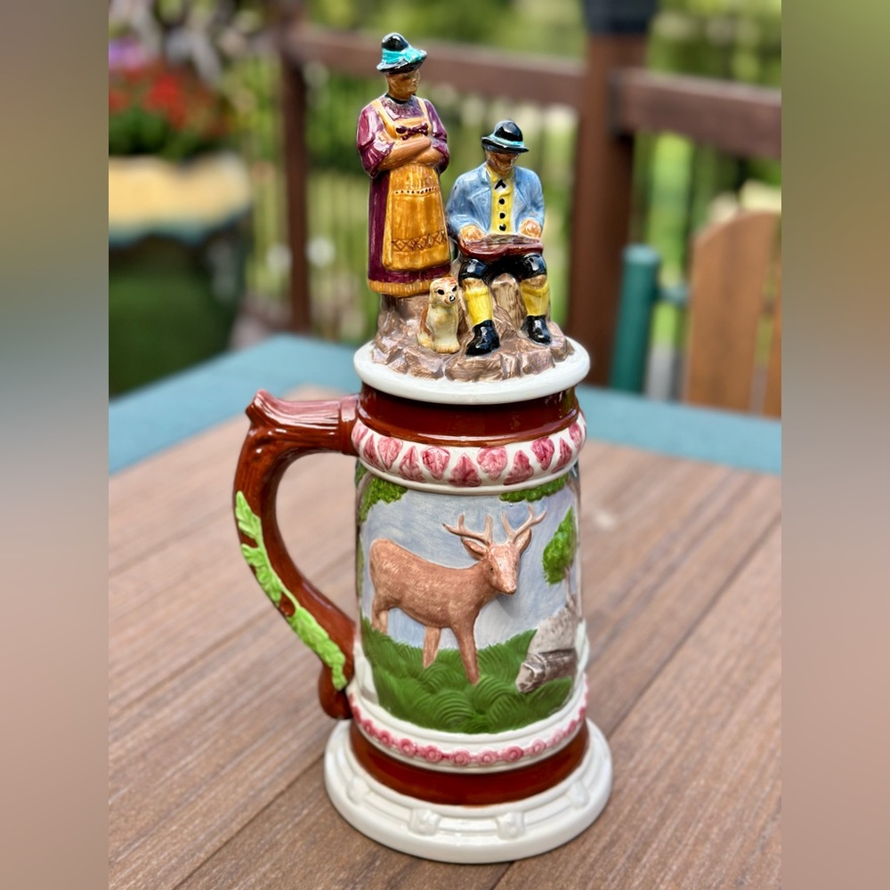 Vintage German Folk Art Ceramic Stein Hand Painted Mug